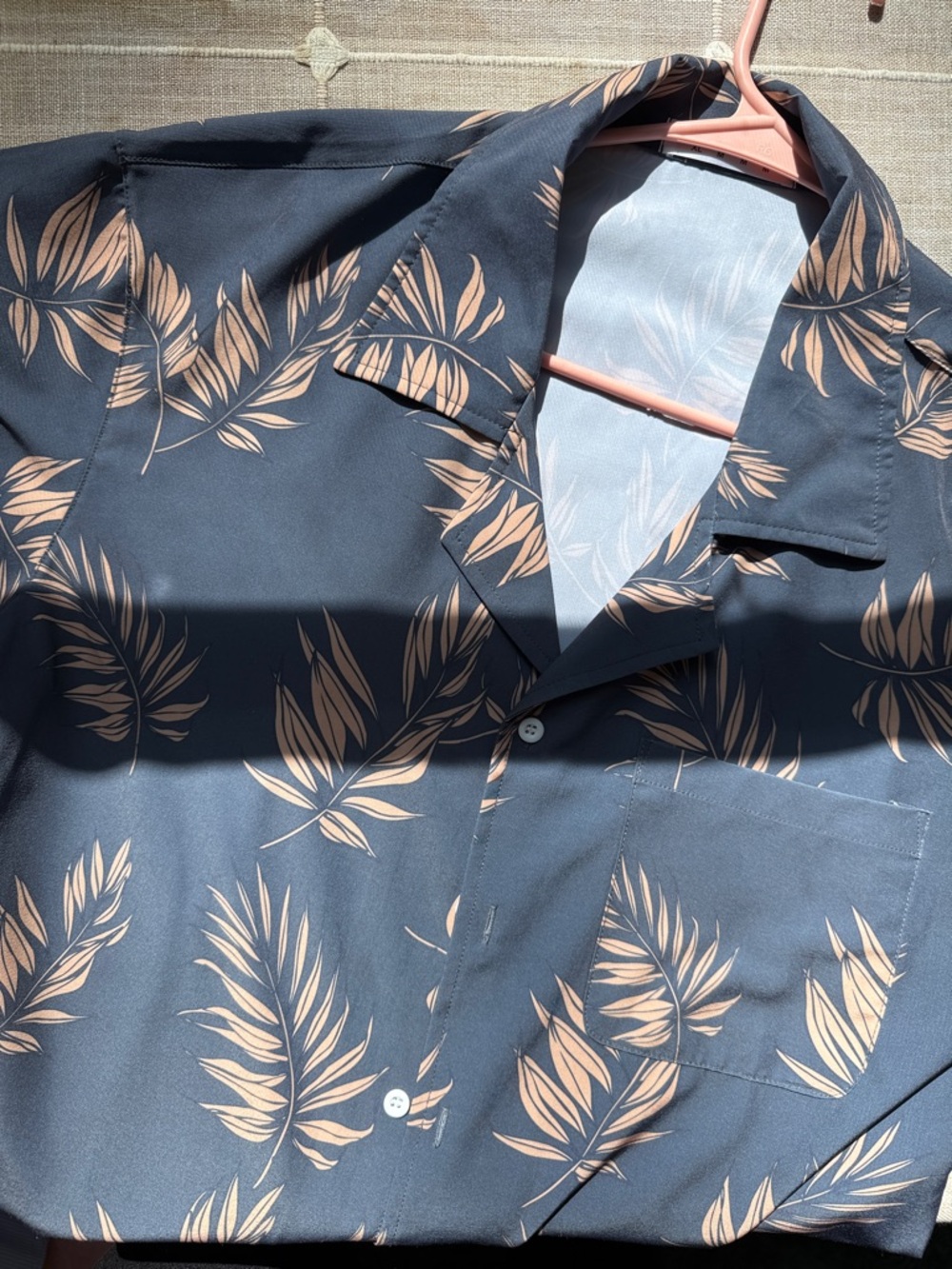 ROMWE Navy Blue Short-Sleeve Button-Down Shirt with Peach Leaf Print